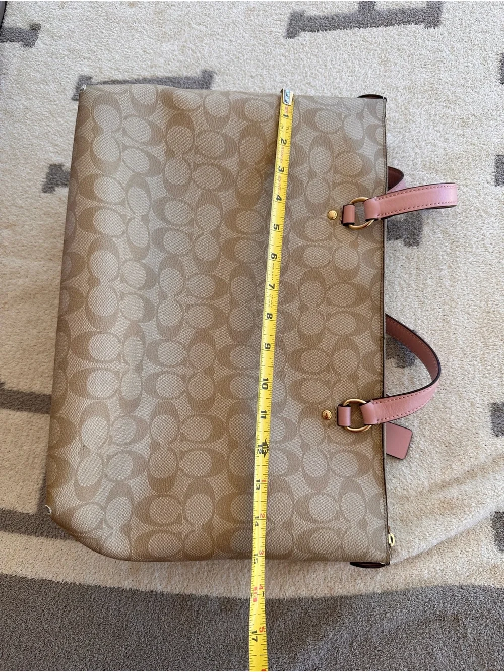 Coach Beige Signature Tote with Pink Leather Handles 2019 Coach gallery tote